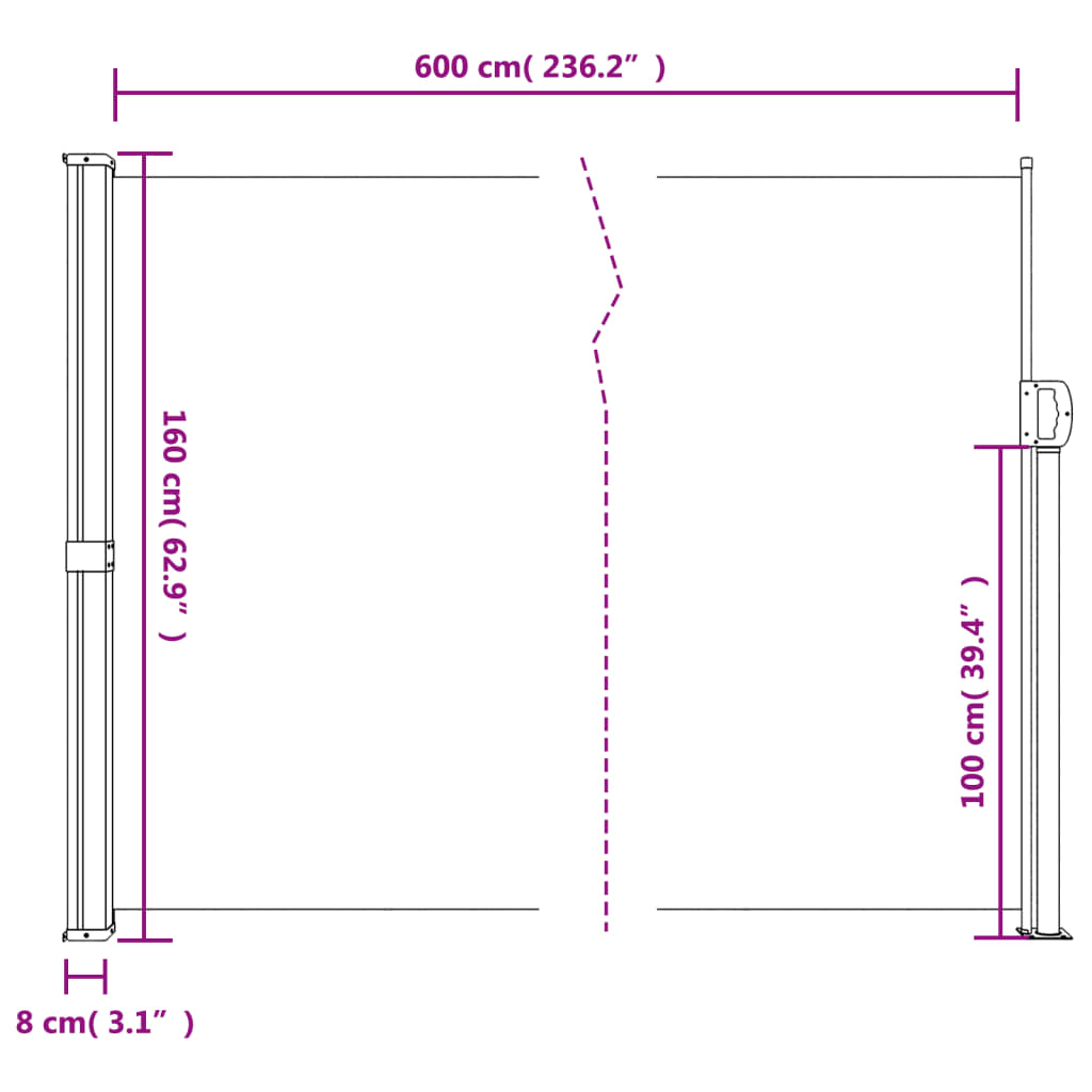 Infällbar sidomarkis svart 160x600 cm