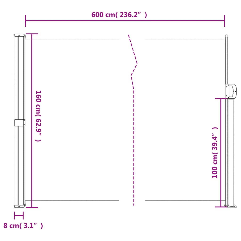 Infällbar sidomarkis blå 160x600 cm