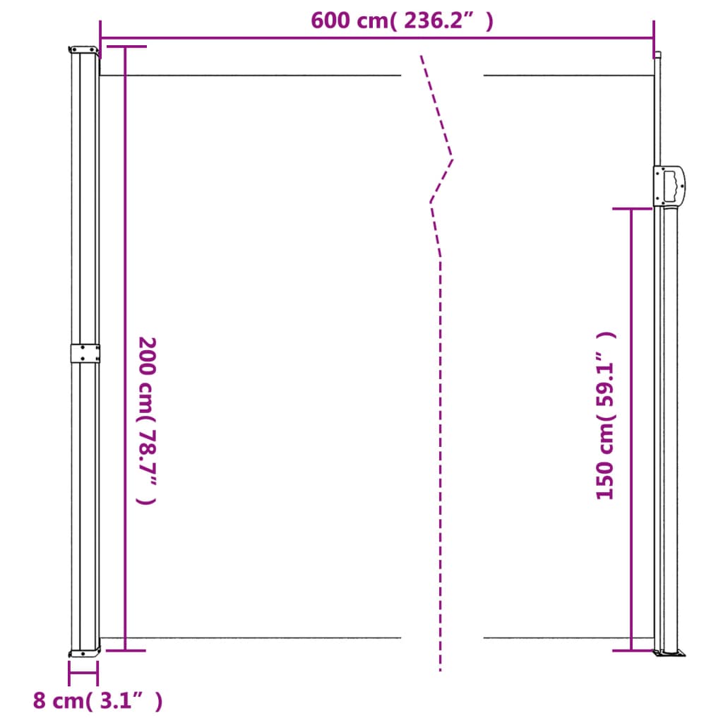 Infällbar sidomarkis blå 200x600 cm