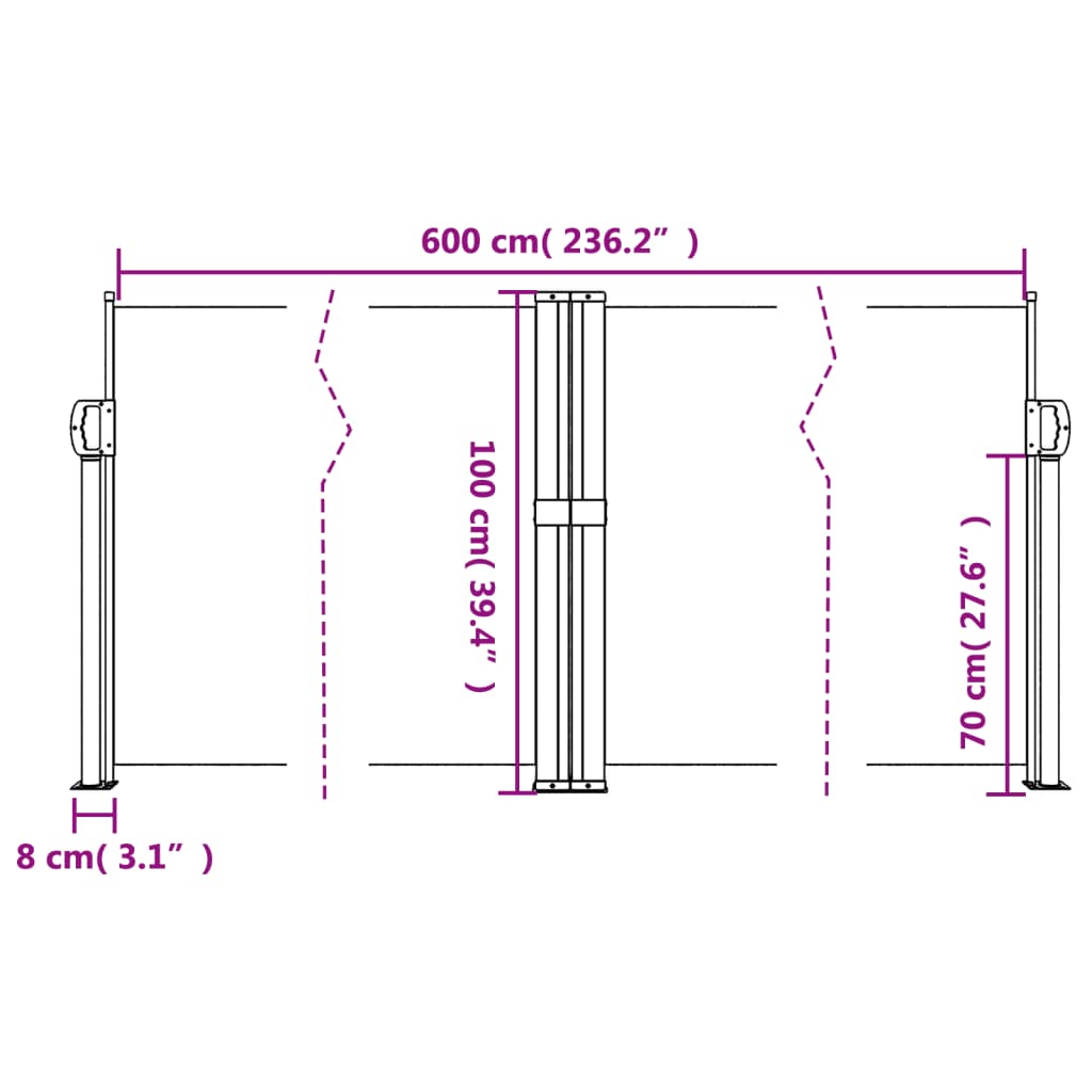 Infällbar sidomarkis svart 100x600 cm