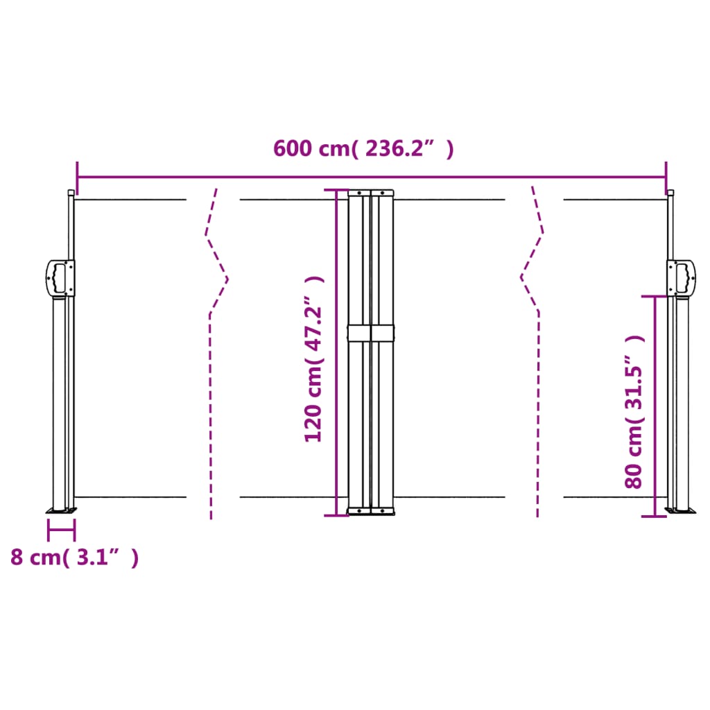 Infällbar sidomarkis svart 120x600 cm