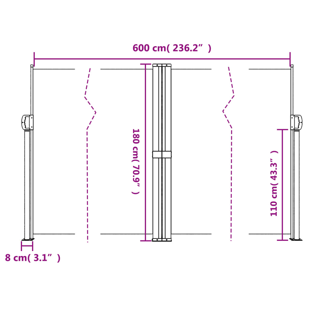 Infällbar sidomarkis 180x600 cm svart