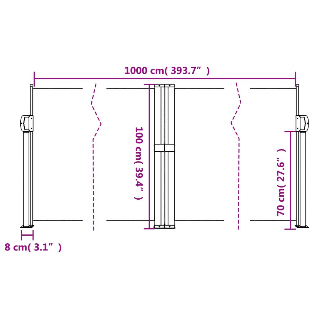 Infällbar sidomarkis svart 100x1000 cm