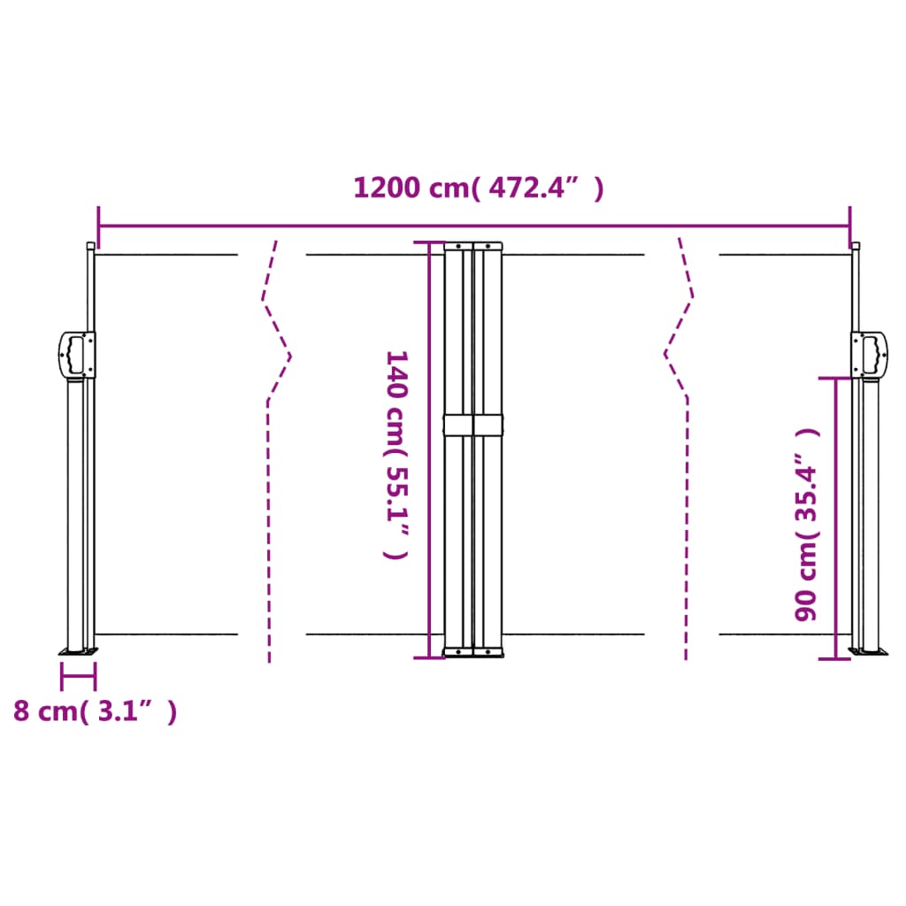 Infällbar sidomarkis svart 140x1200 cm