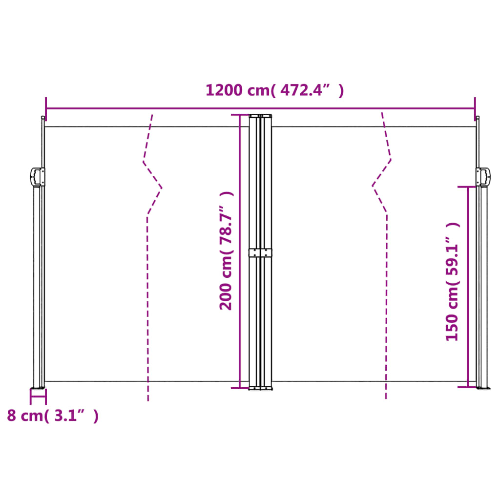 Infällbar sidomarkis svart 200x1200 cm