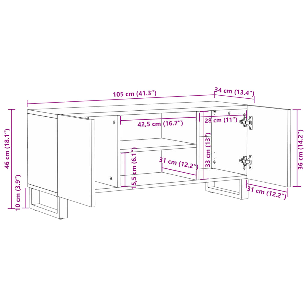 Tv-bänk 105x34x46 cm massivt grovt mangoträ