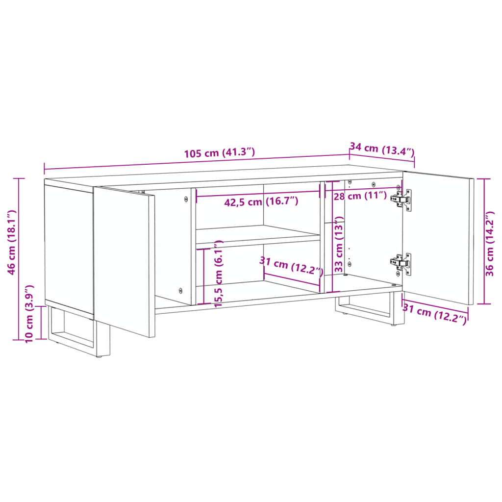 Tv-bänk vit 105x34x46 cm massivt mangoträ