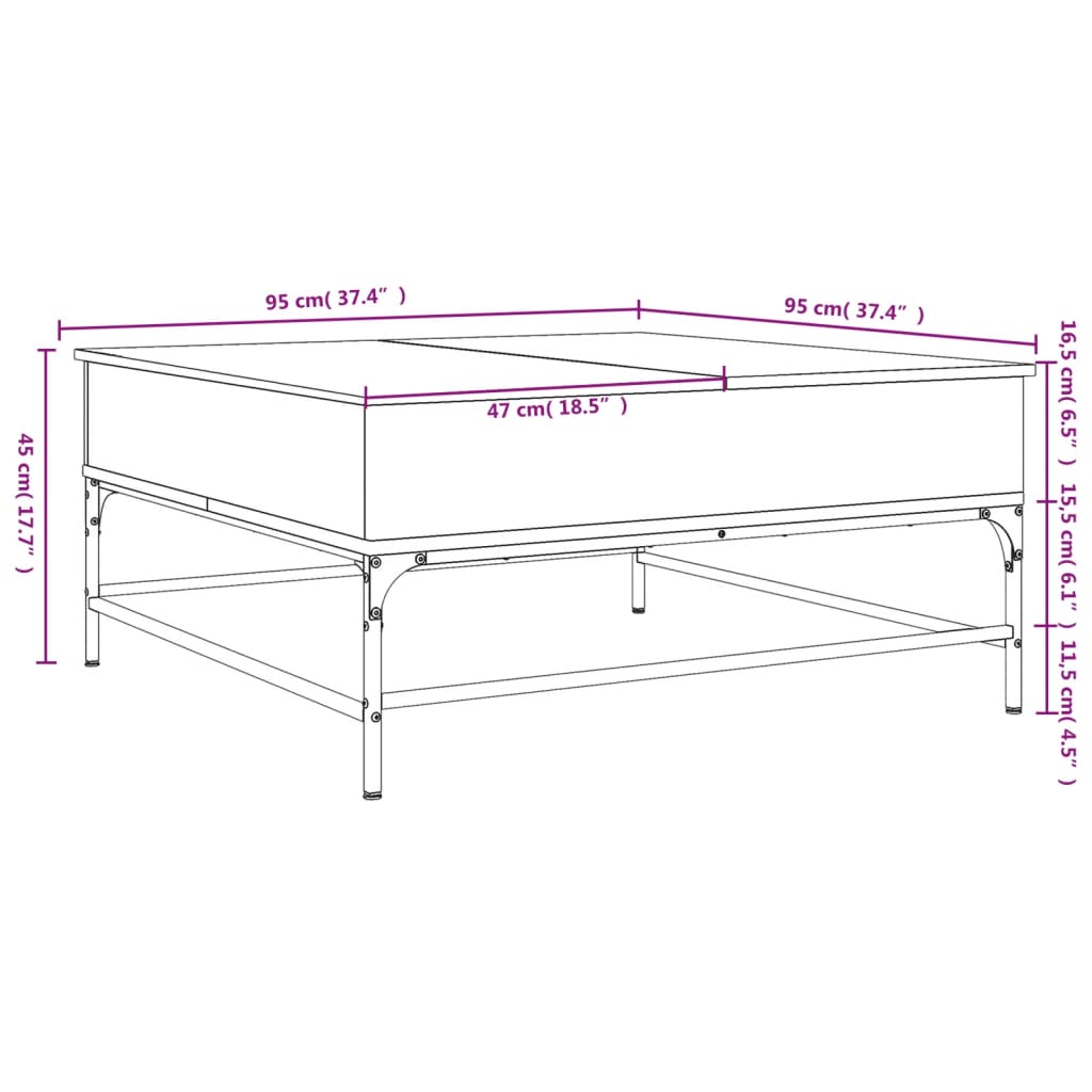 Soffbord brun ek 95x95x45 cm konstruerat trä och metall