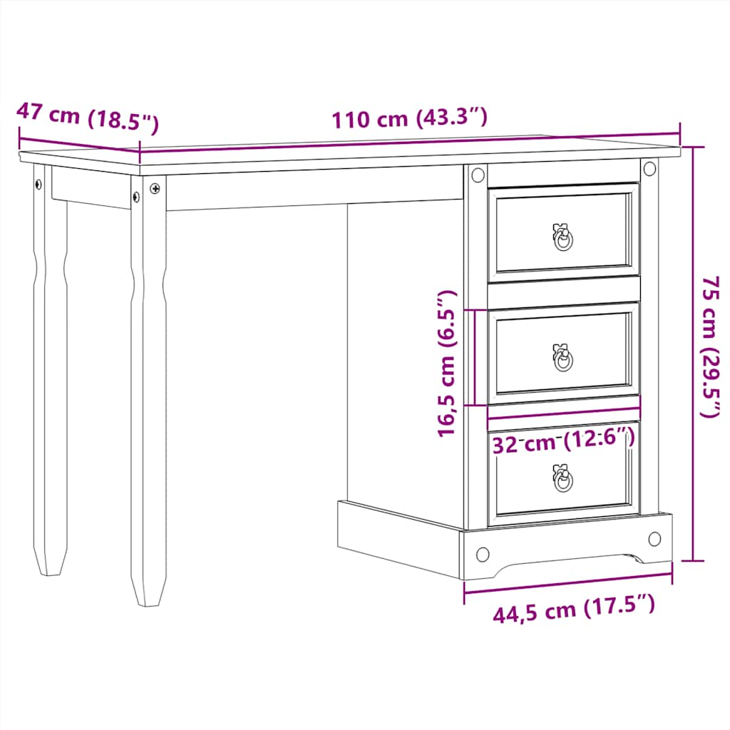 Sminkbord Corona 110x47x75 cm massiv furu