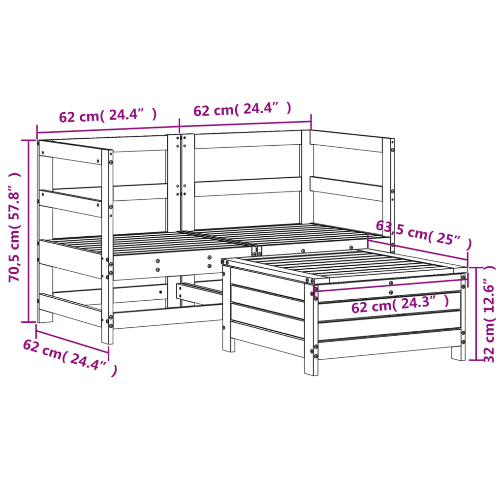 Soffgrupp för trädgården 3 delar massiv furu