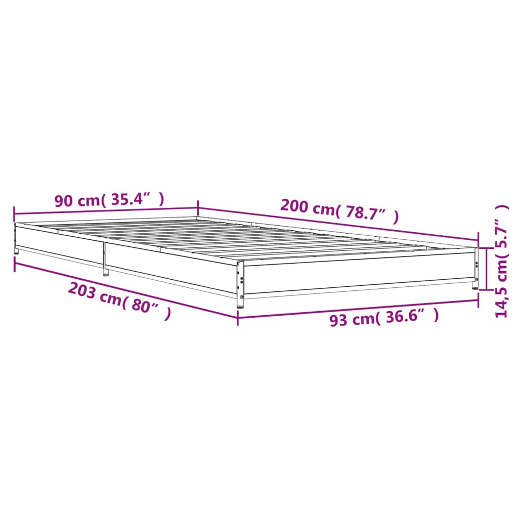 Sängram brun ek 90x200 cm konstruerat trä och metall