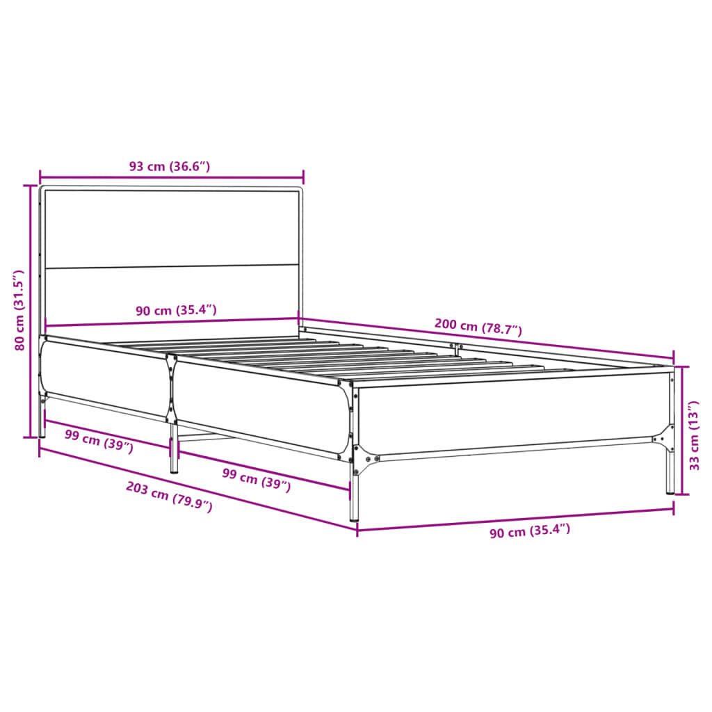 Sängram rökfärgad ek 90x200 cm konstruerat trä och metall