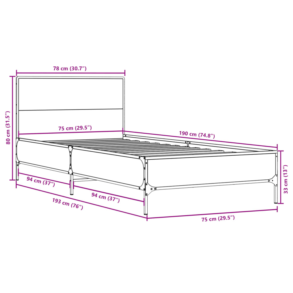 Sängram sonoma-ek 75x190 cm konstruerat trä och metall