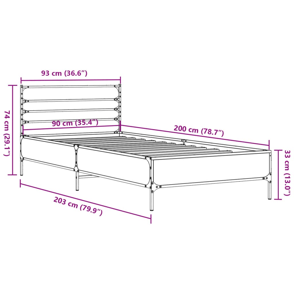 Sängram sonoma-ek 90x200 cm konstruerat trä och metall