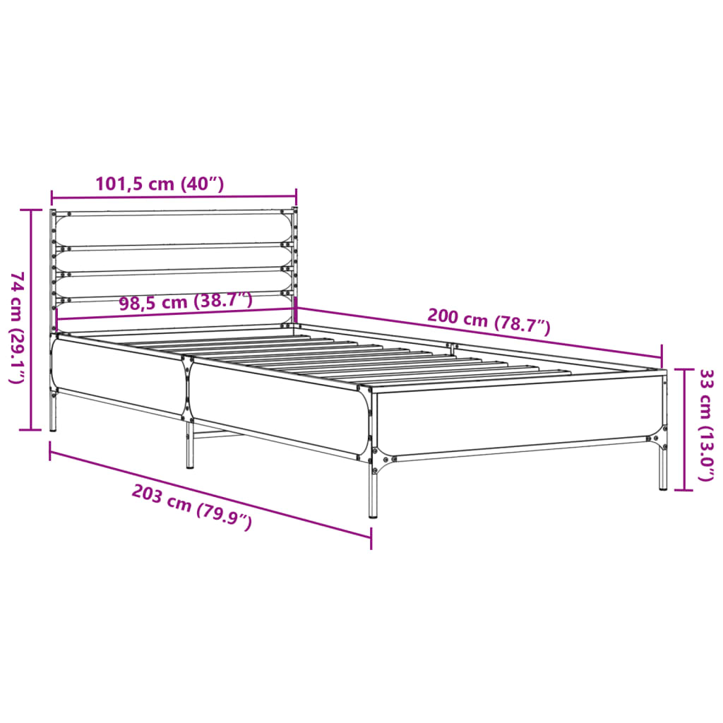 Sängram rökfärgad ek 100x200 cm konstruerat trä och metall