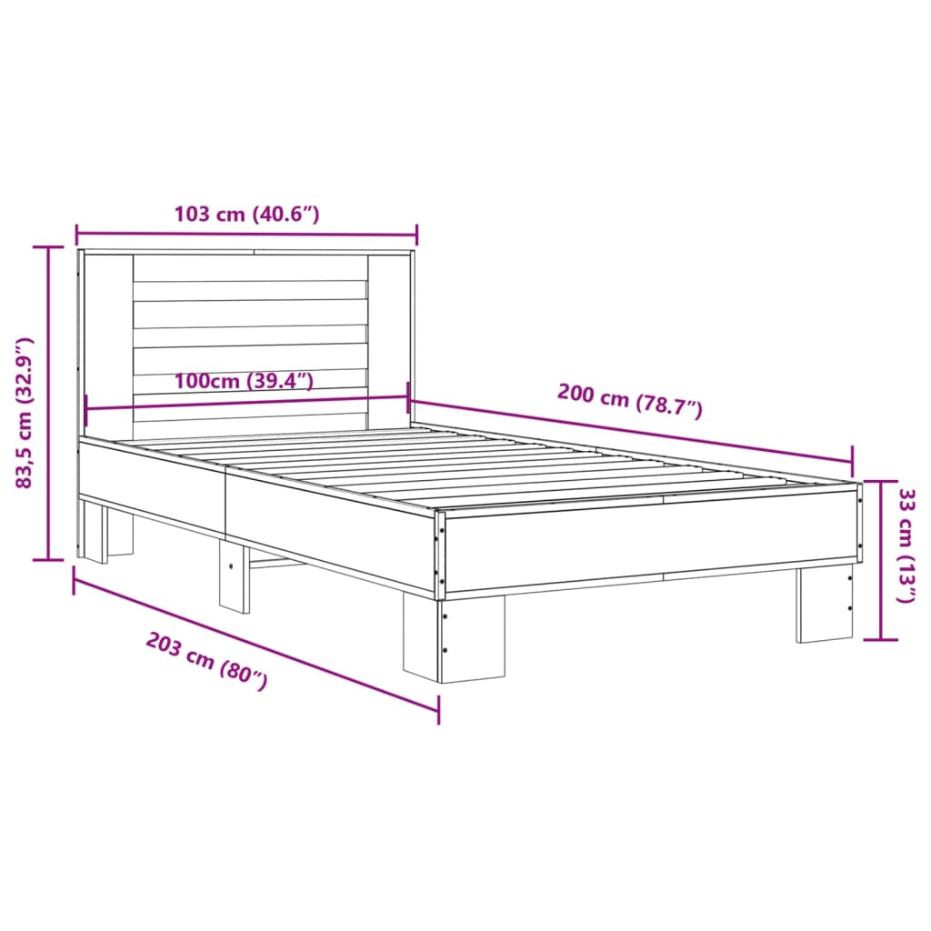 Sängram svart 100x200 cm konstruerat trä och metall