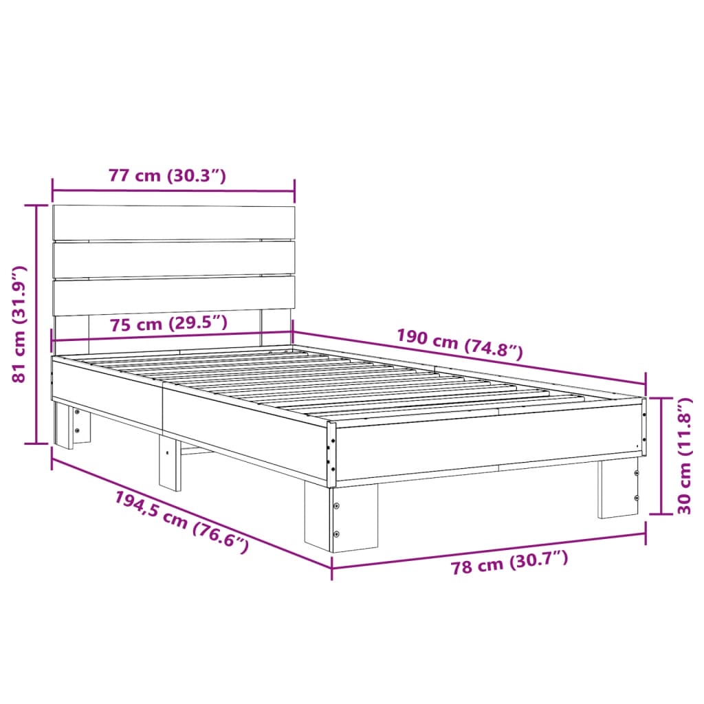 Sängram svart 75x190 cm konstruerat trä och metall