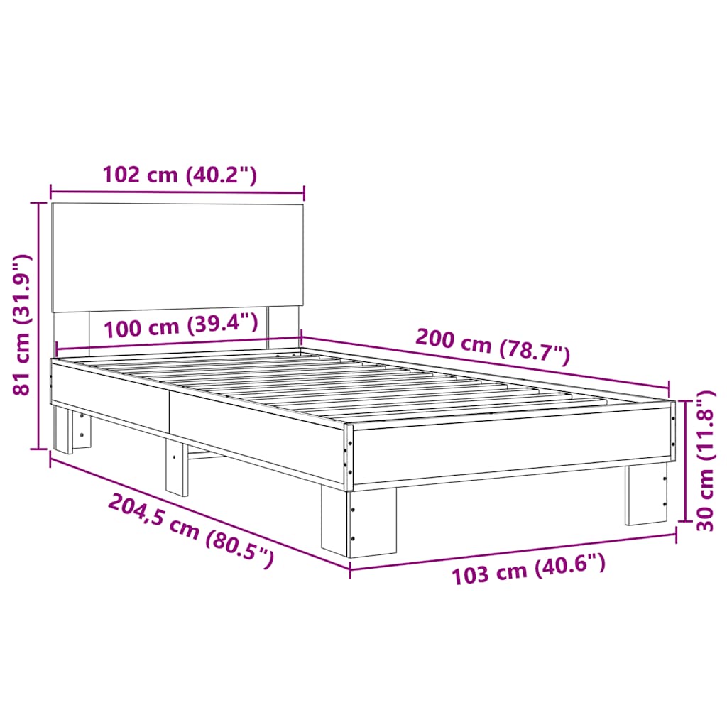 Sängram sonoma-ek 100x200 cm konstrueradt trä och metall