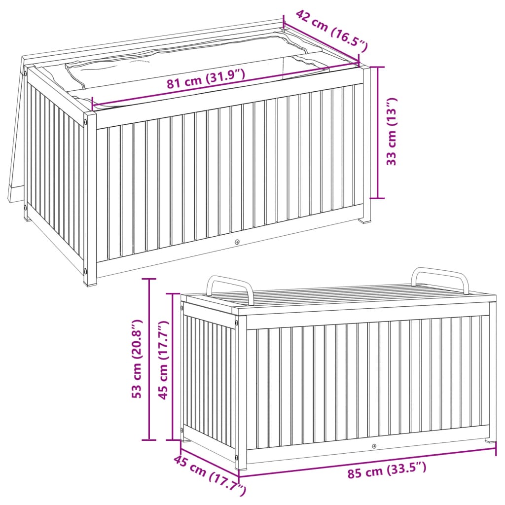 Dynbox för trädgården 85x45x45/53 cm massiv akacia och stål