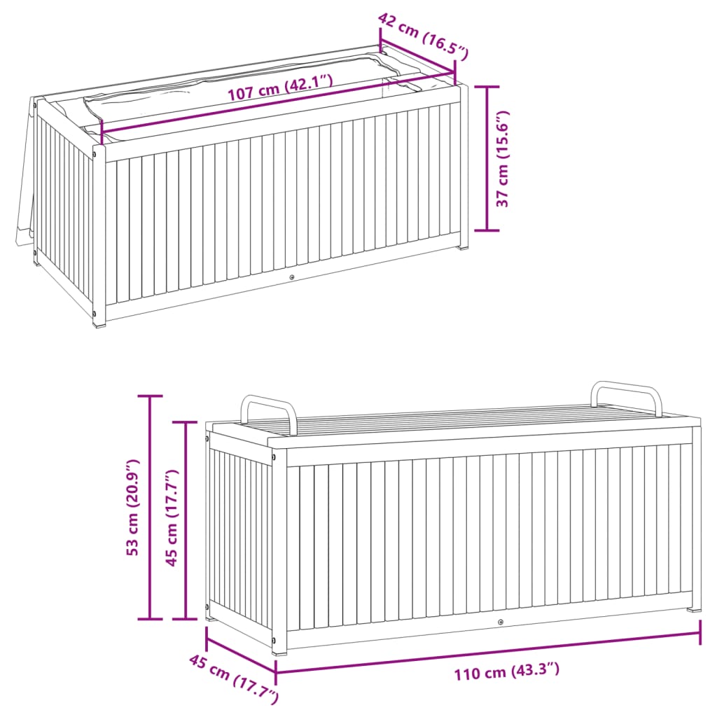 Dynbox för trädgården 110x45x42/53 cm massiv akacia och stål