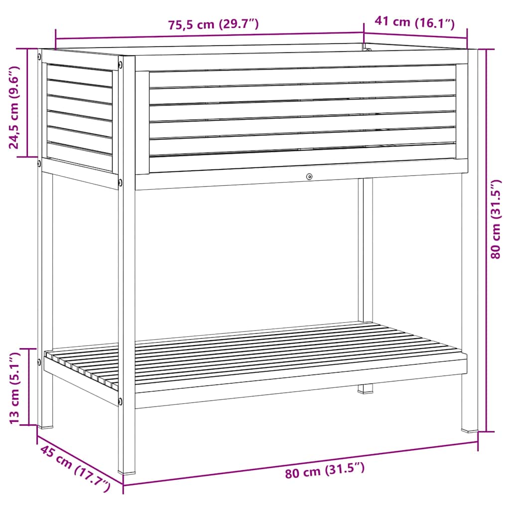 Odlingslåda med hylla 80x45x80 cm massiv akacia och stål