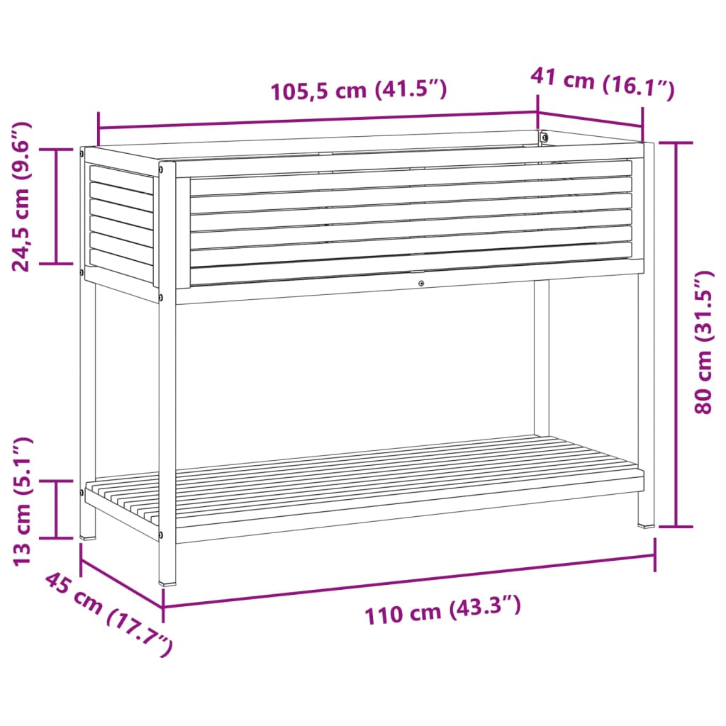 Odlingslåda med hylla 110x45x80 cm massiv akacia och stål