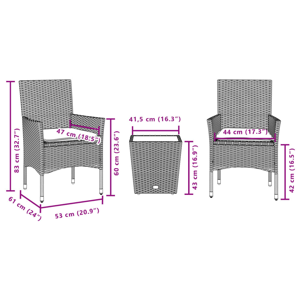 Bistrogrupp med dynor 3 delar svart konstrotting och glas