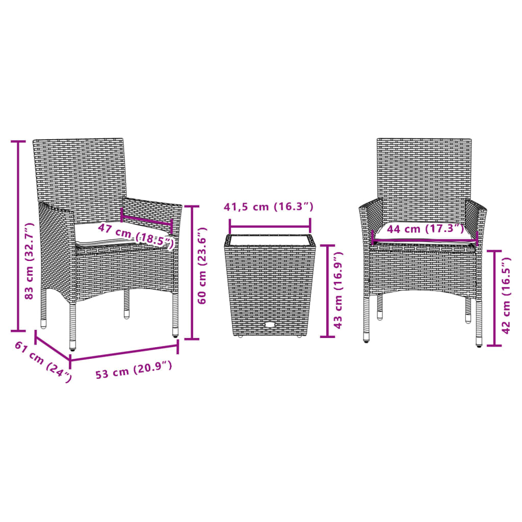 Bistrogrupp med dynor 3 delar svart konstrotting och glas