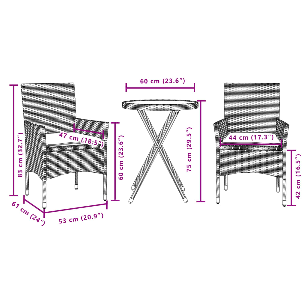 Bistrogrupp med dynor 3 delar svart konstrotting och glas