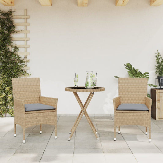 Bistrogrupp med dynor 3 delar beige konstrotting och glas