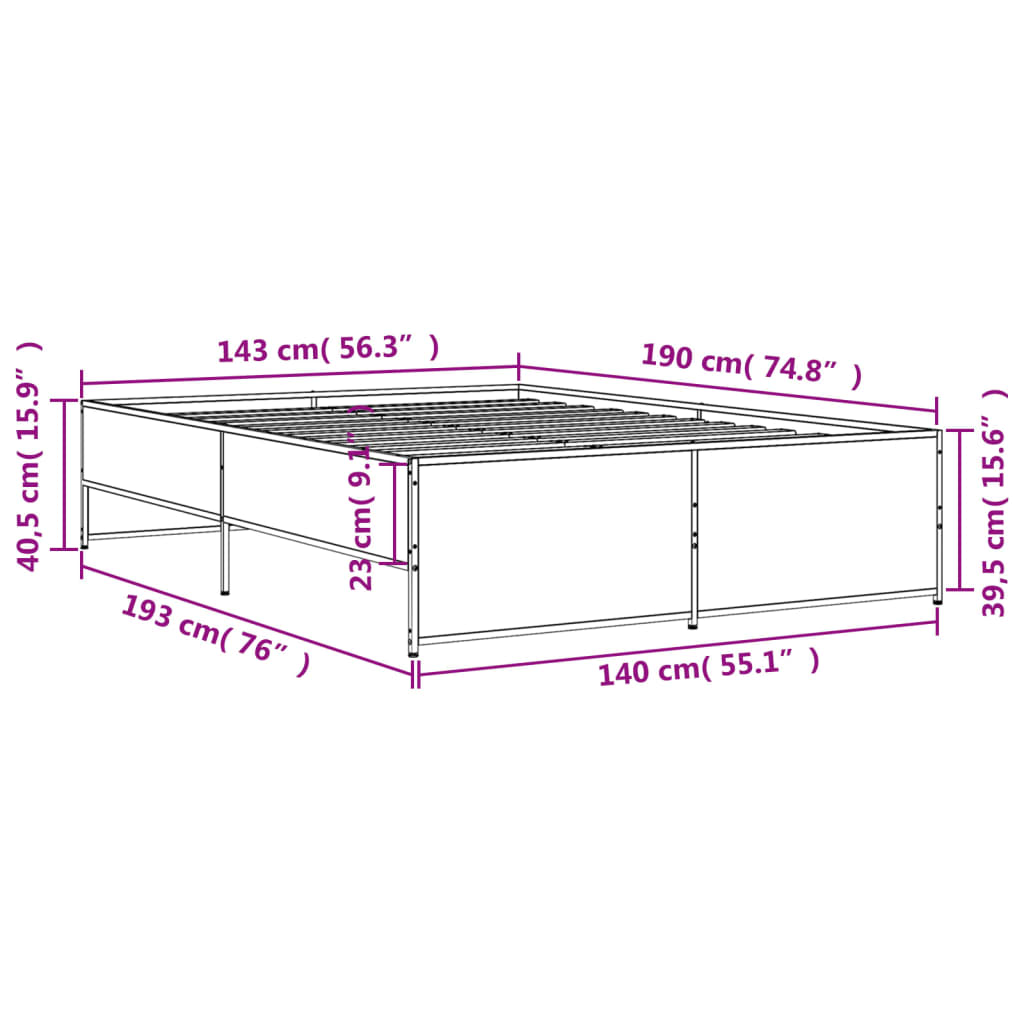 Sängram grå sonoma 140x190 cm konstruerat trä och metall