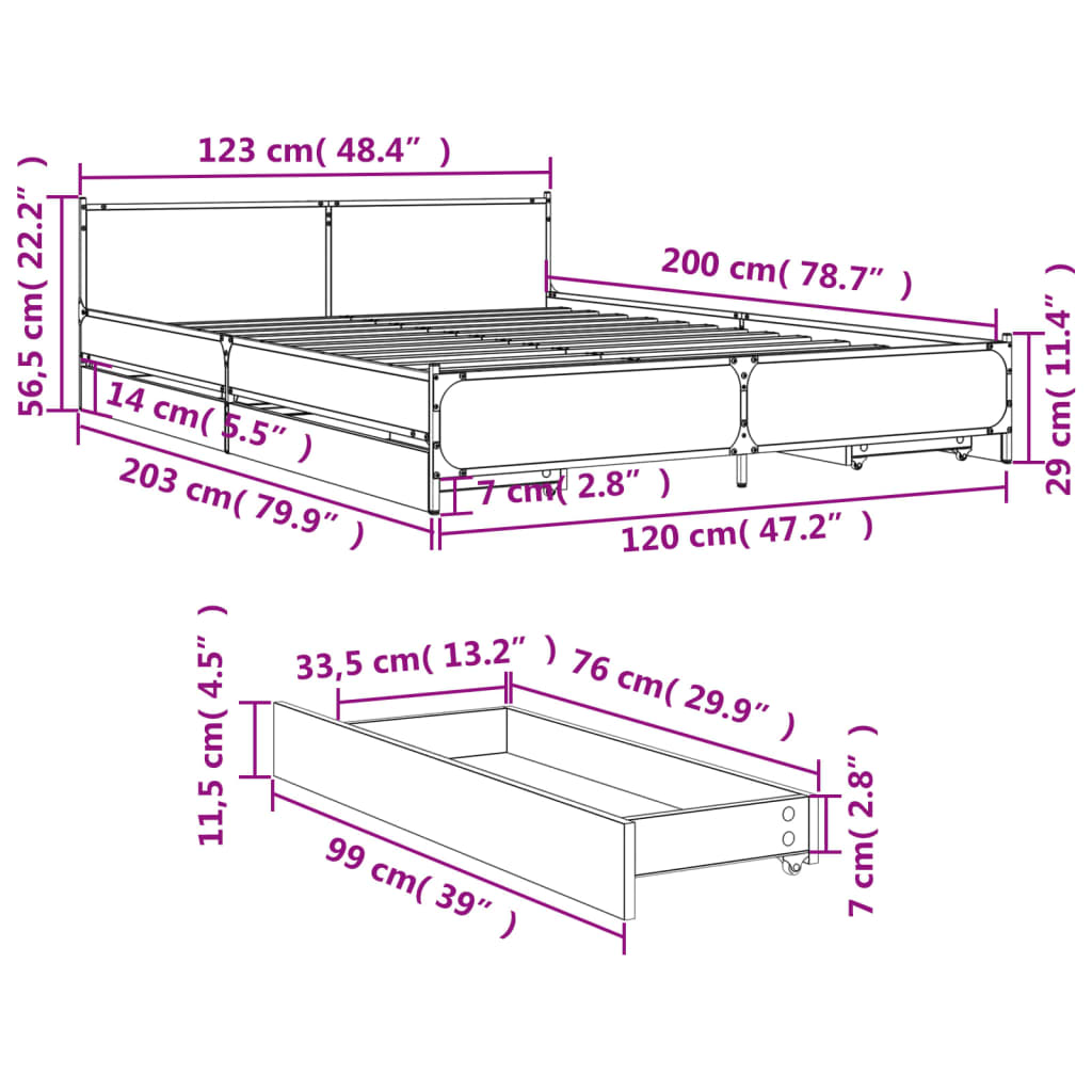 Sängram med lådor rökfärgad ek 120x200 cm konstruerad trä