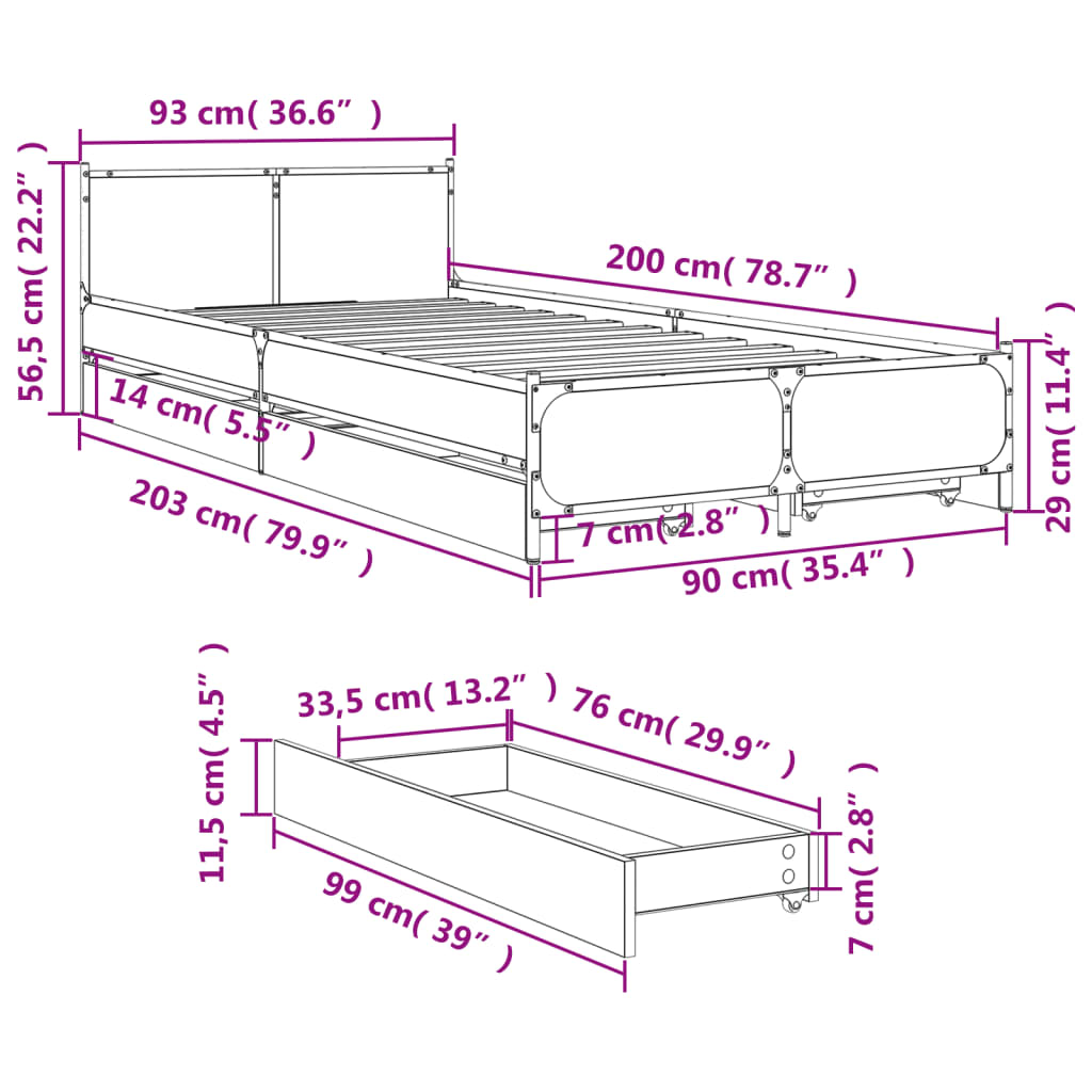 Sängram med lådor sonoma-ek 90x200 cm konstruerat trä