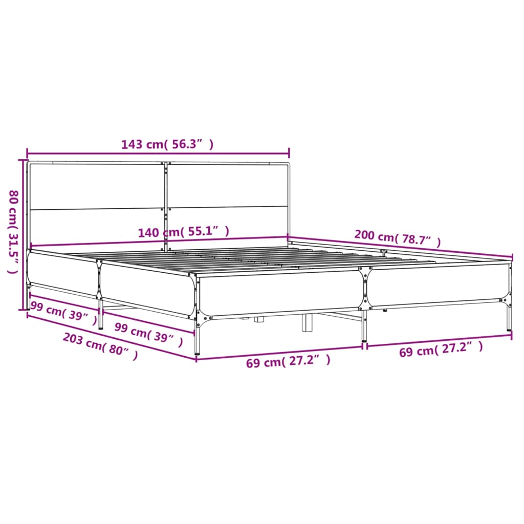 Sängram rökfärgad ek 140x200 cm konstruerad trä och metall