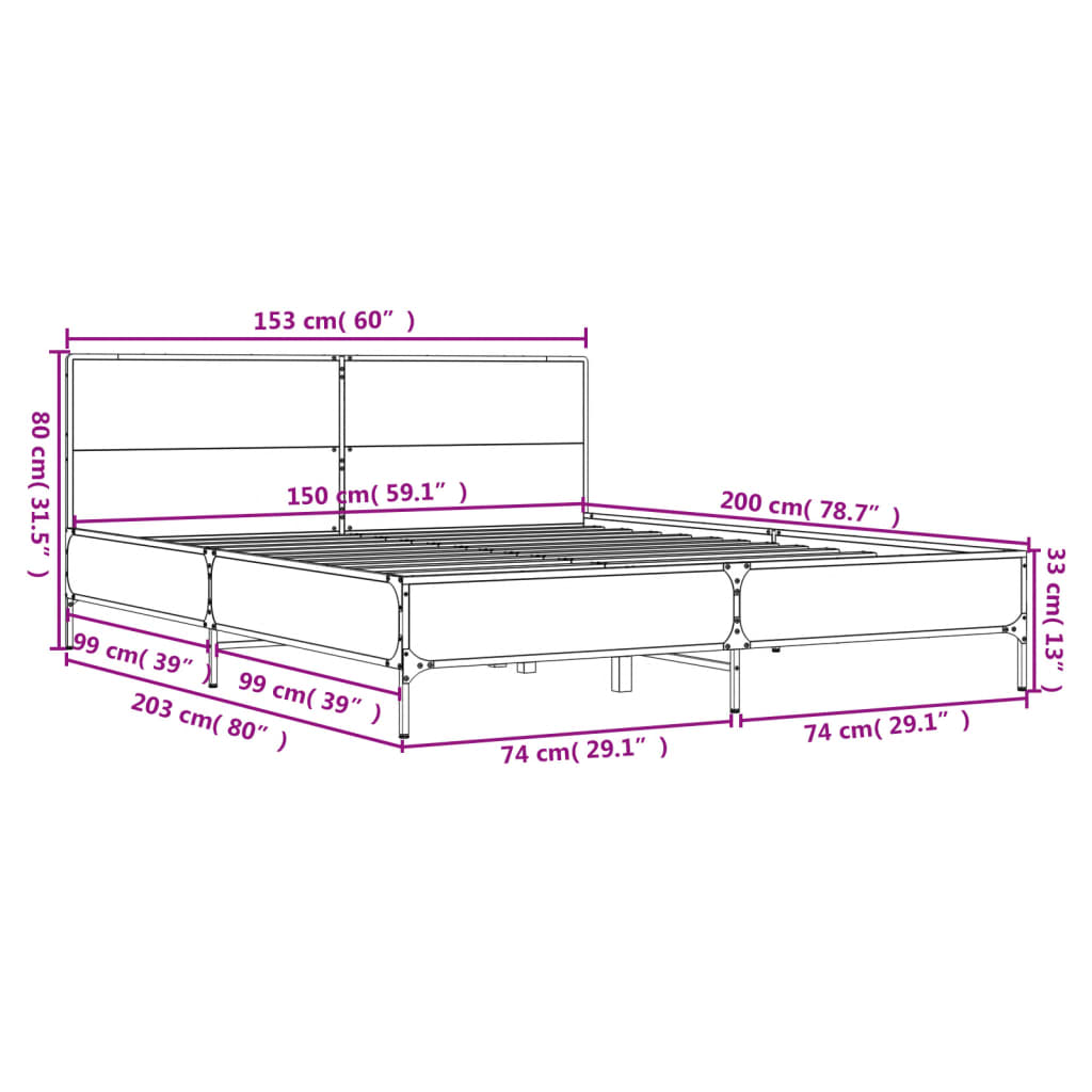 Sängram sonoma-ek 150x200 cm konstruerad trä och metall