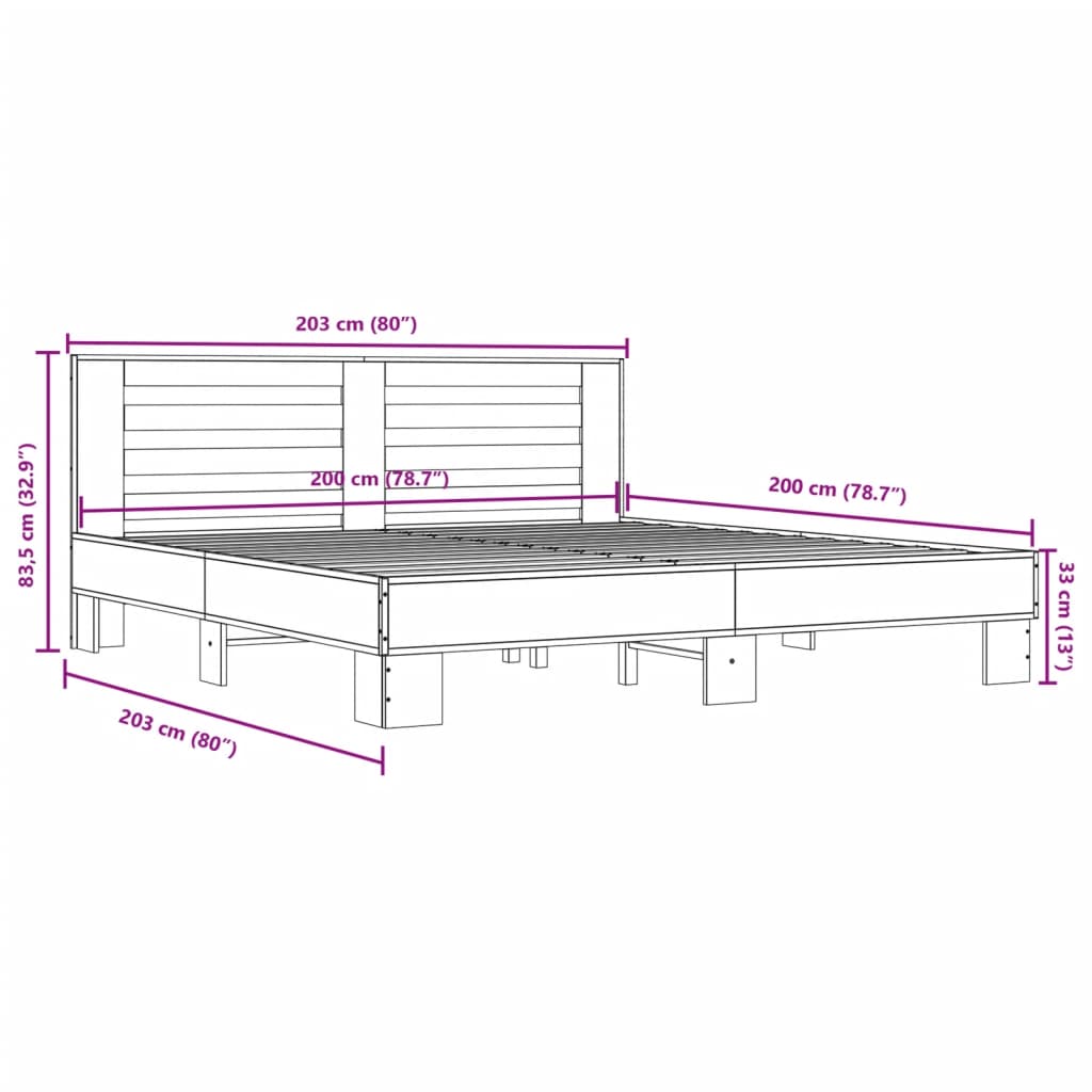 Sängram sonoma-ek 200x200 cm konstruerat trä och metall