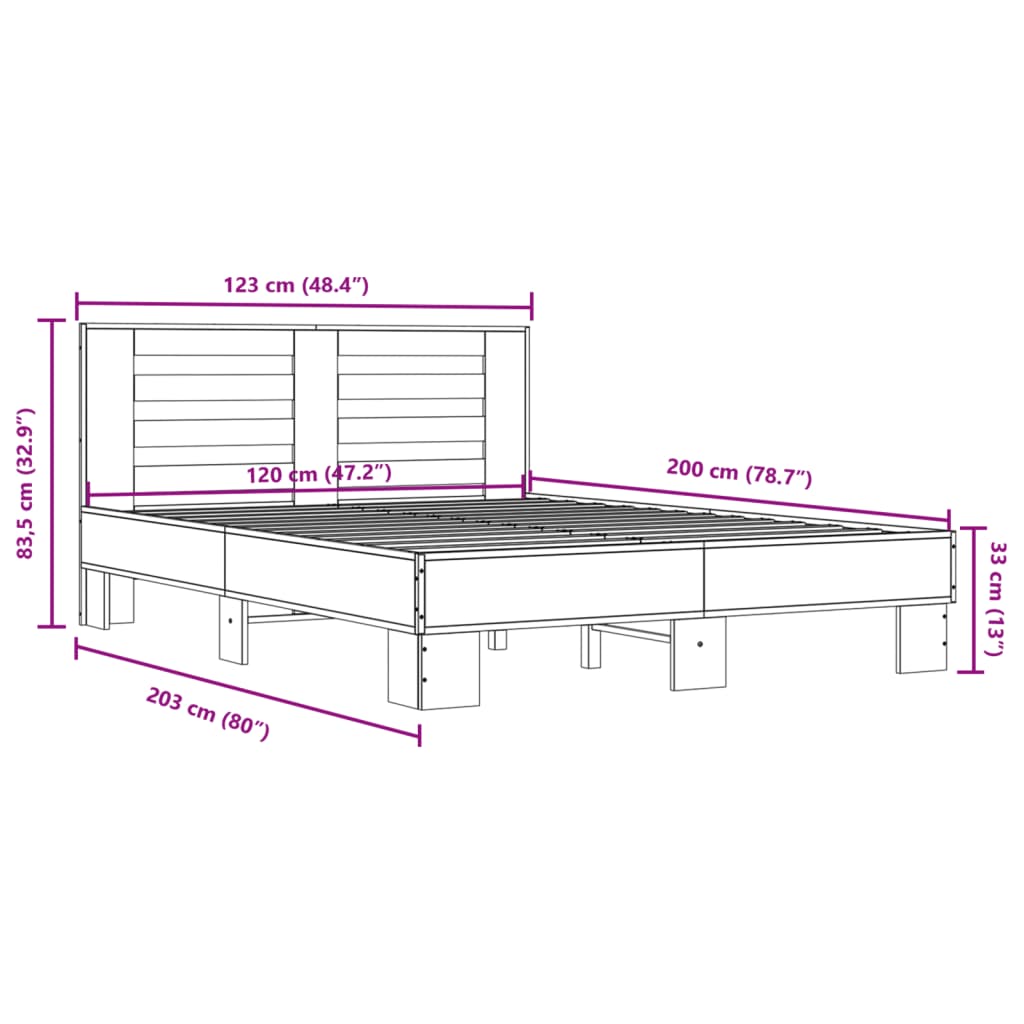 Sängram sonoma-ek 120x200 cm konstruerad trä och metall