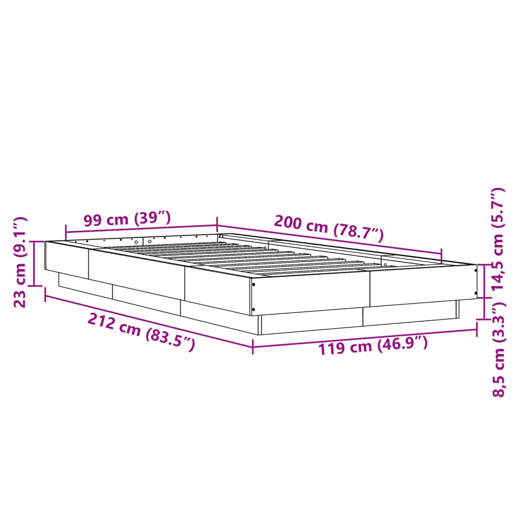 Sängram betonggrå 100x200 cm konstruerad trä