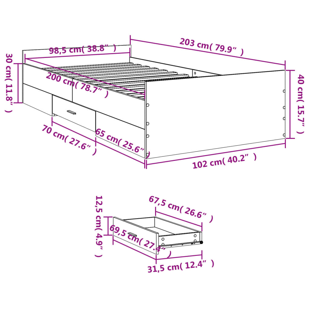 Sängram med lådor svart 100x200 cm konstruerat trä