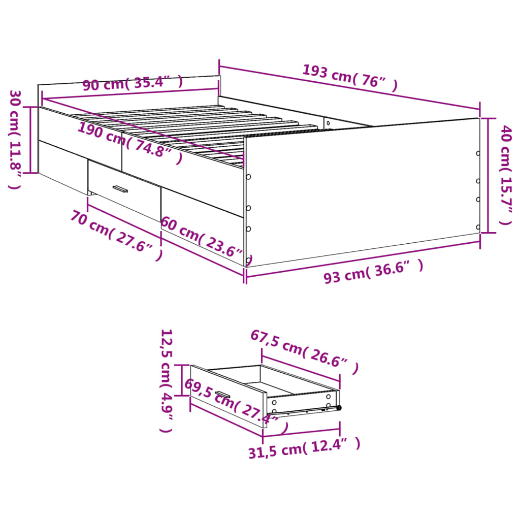 Sängram med lådor rökfärgad ek 90x190 cm konstruerad trä