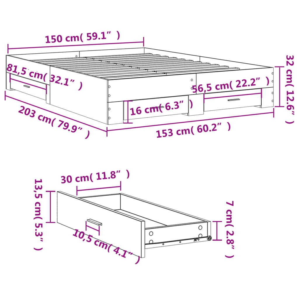 Sängram med lådor vit 150x200 cm konstruerad trä