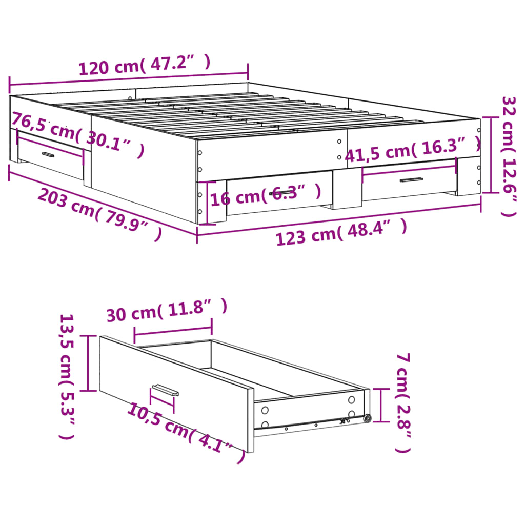 Sängram med lådor rökfärgad ek 120x200 cm konstruerad trä