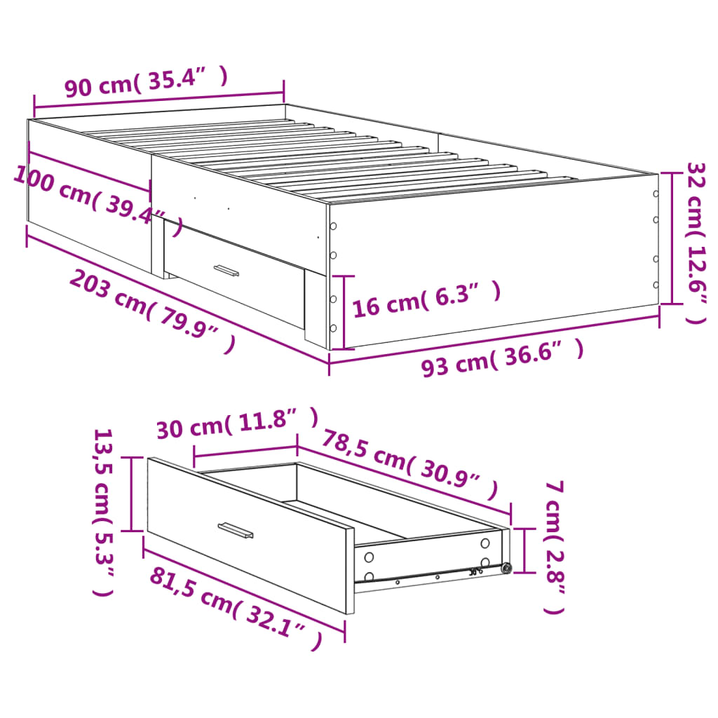 Sängram med lådor sonoma-ek 90x200 cm konstruerat trä