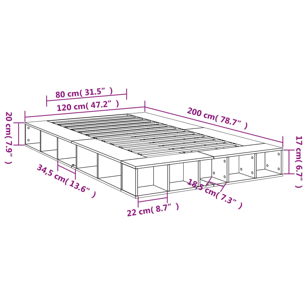 Sängram betonggrå 120x200 cm konstruerad trä