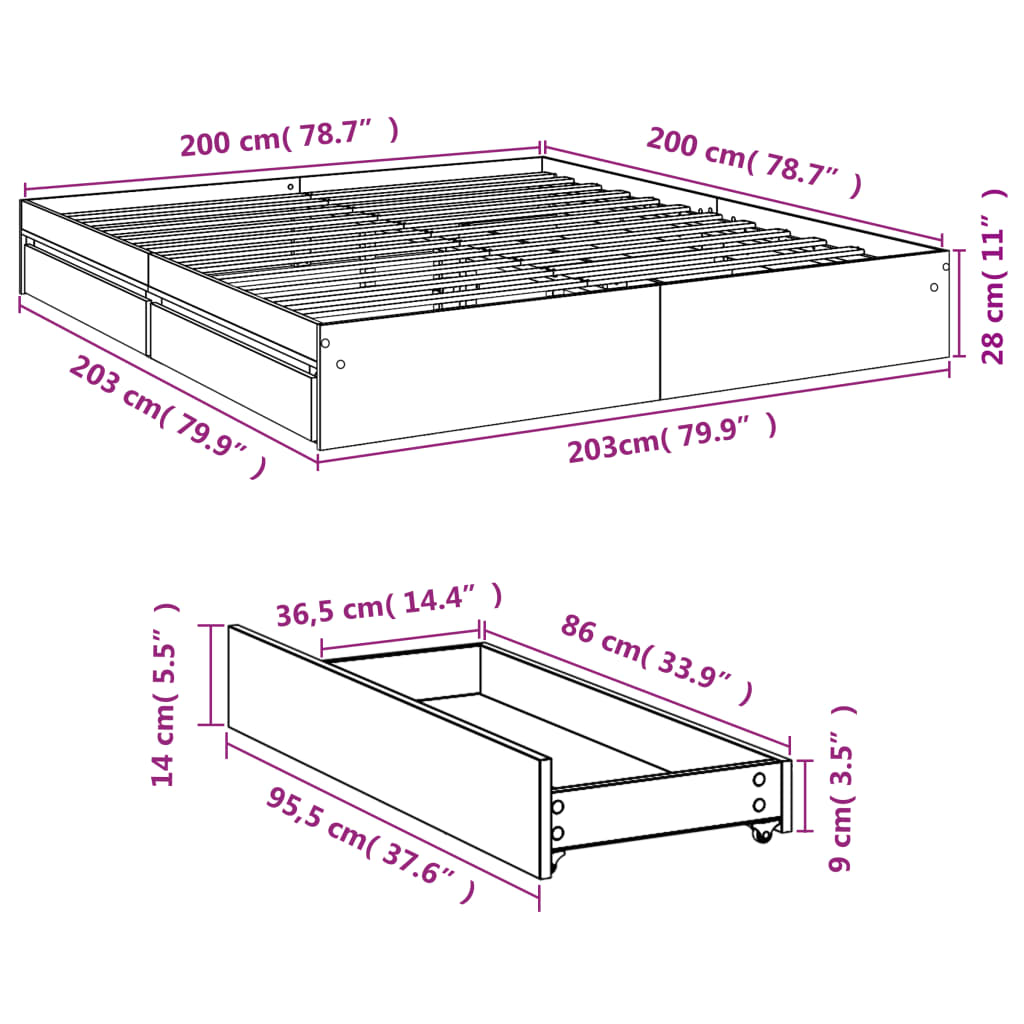 Sängram med lådor betonggrå 200x200 cm konstruerat trä