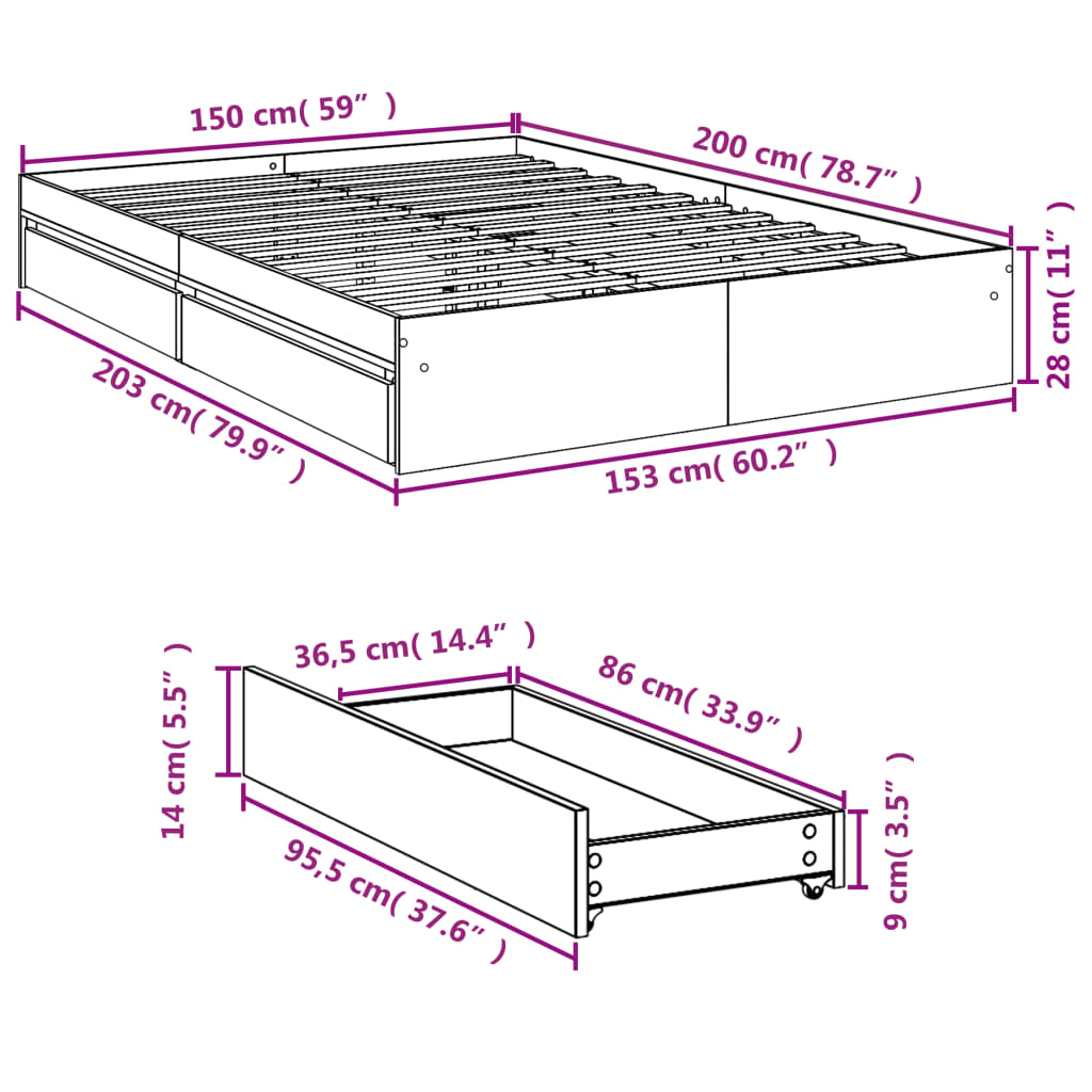 Sängram med lådor vit 150x200 cm konstruerad trä