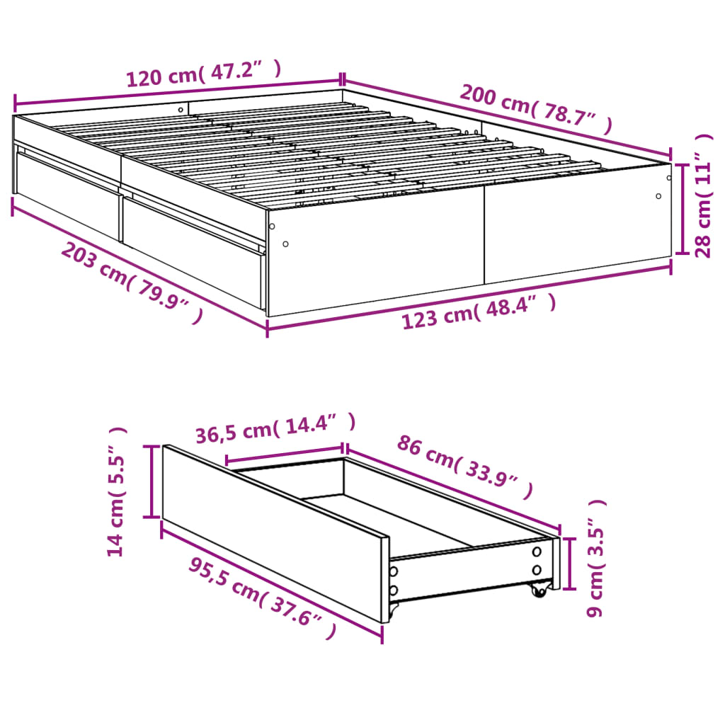 Sängram med lådor betonggrå 120x200 cm konstruerat trä