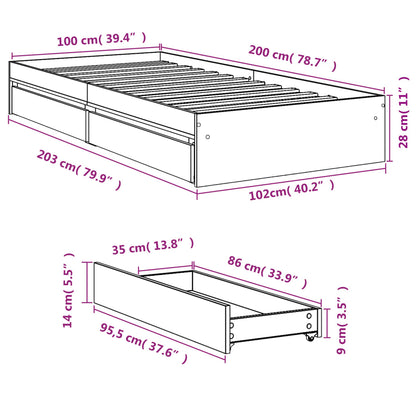 Sängram med lådor vit 100x200 cm konstruerat trä