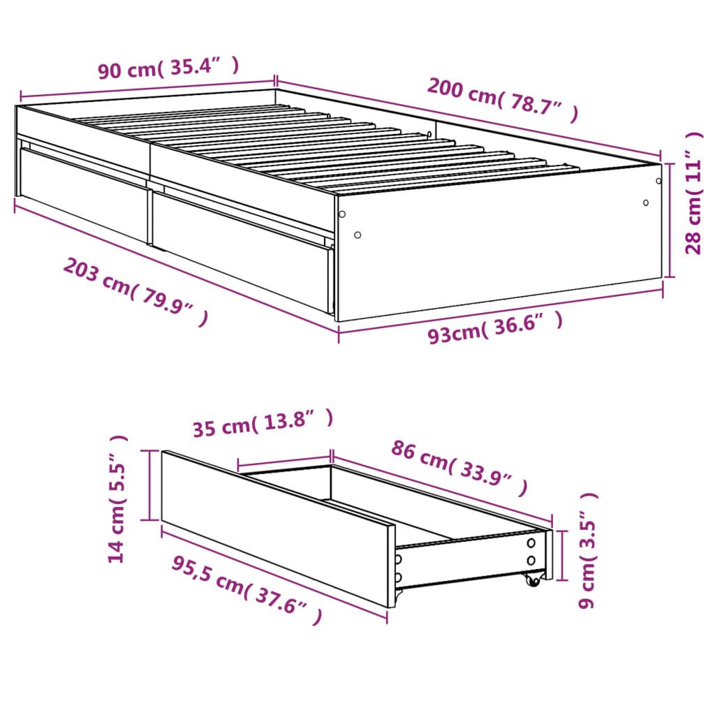 Sängram med lådor brun ek 90x200 cm konstruerat trä