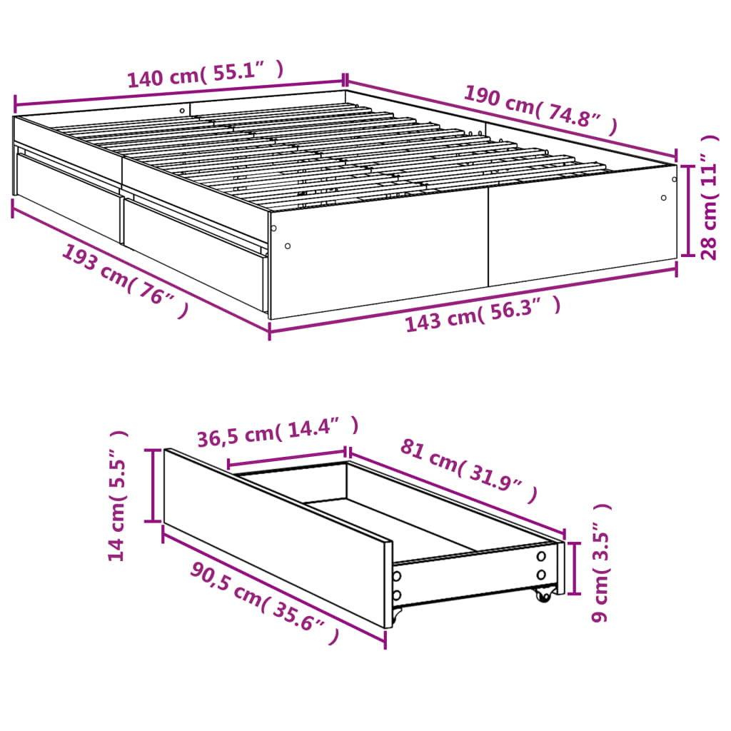 Sängram med lådor sonoma-ek 140x190 cm konstruerat trä